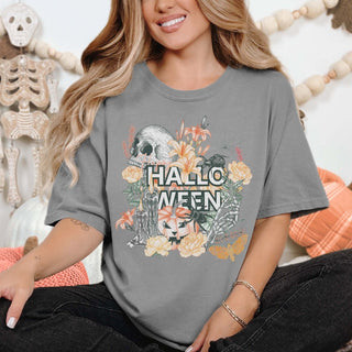 Halloween Skulls And Flowers Wholesale Comfort Color Graphic Tee - Fast Shipping - Limeberry Designs