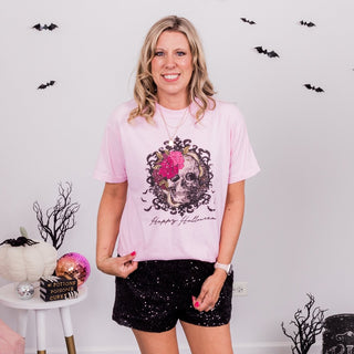 Happy Halloween Skull Flowers Comfort Color Wholesale Graphic Tee - Quick Shipping - Limeberry Designs