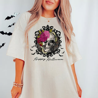 Happy Halloween Skull Flowers Comfort Color Wholesale Graphic Tee - Quick Shipping - Limeberry Designs