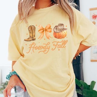 Howdy Fall Boot Bow Pumpkin Comfort Color Graphic Tee - Limeberry Designs