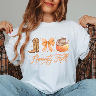 Howdy Fall Boot Bow Pumpkin Comfort Color Graphic Tee - Limeberry Designs