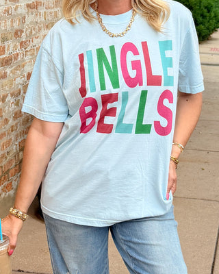 Blue chambray Christmas shirt for women with Jingle Bells lettering