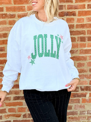 White star holiday crewneck sweatshirt for women with Jolly lettering