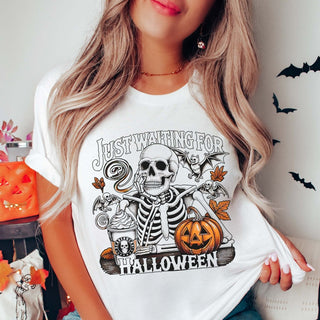 Just Waiting For Halloween Skeleton Wholesale Bella Graphic Tee - Fast Shipping - Limeberry Designs