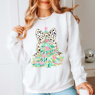 Leopard Bow Christmas Tree Graphic Sweatshirt - Limeberry Designs