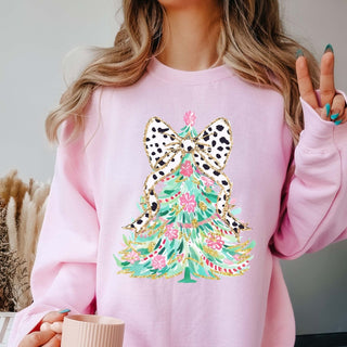 Leopard Bow Christmas Tree Graphic Sweatshirt - Limeberry Designs