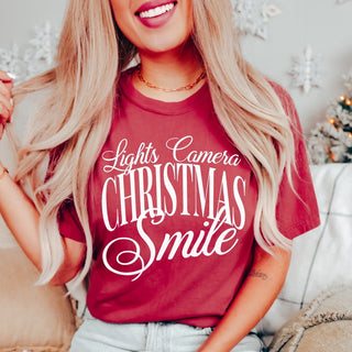 Lights Camera Christmas Smile Comfort Color Graphic Tee - Limeberry Designs