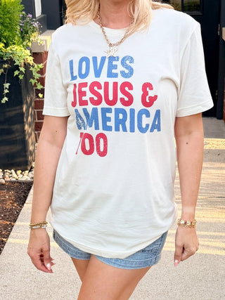Loves Jesus & America Too Bella Graphic Tee - Limeberry Designs