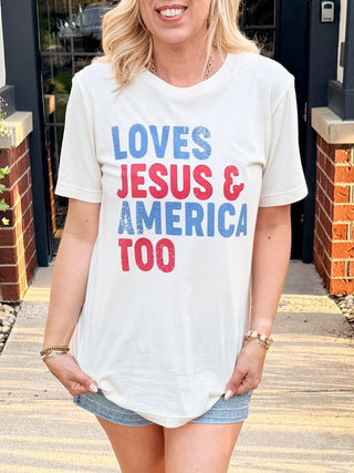 Loves Jesus & America Too Bella Graphic Tee - Limeberry Designs