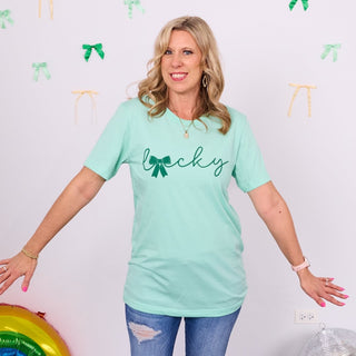 Lucky With Bow Wholesale Bella Graphic Tee - Fast Shipping - Limeberry Designs