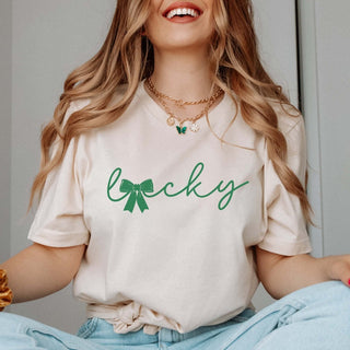 Lucky With Bow Wholesale Bella Graphic Tee - Fast Shipping - Limeberry Designs