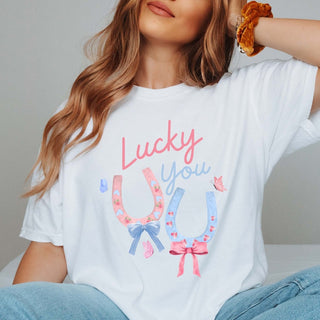 Lucky You Horseshoe Bow Comfort Color Wholesale Tee - Quick Shipping - Limeberry Designs