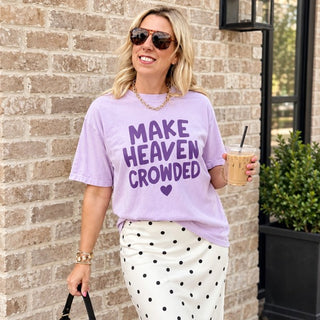 Make Heaven Crowded faith graphic tee in Orchid styled with a polka dot satin skirt