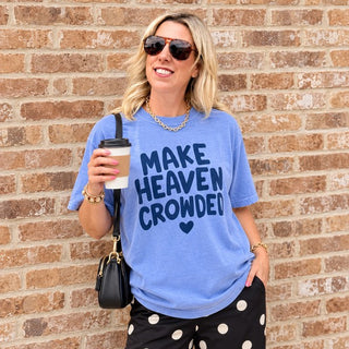 Make Heaven Crowded faith graphic tee in Washed Denim blue styled with black polka dot pants