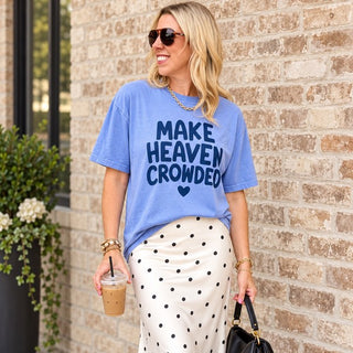 Make Heaven Crowded faith graphic tee in Washed Denim blue styled with a polka dot satin skirt