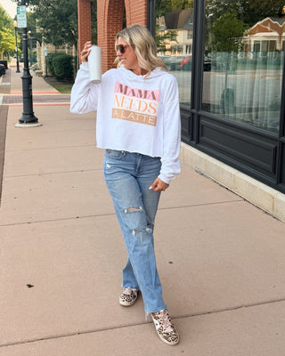 Mama Needs a Latte Raw Edge Crop Hoodie - Limeberry Designs