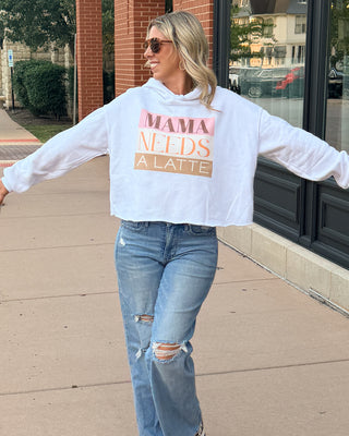 Mama Needs a Latte Raw Edge Crop Hoodie