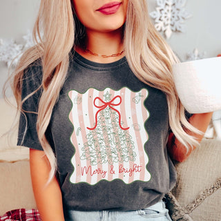 Merry And Bright Bow Tree With Stripes Comfort Color Graphic Tee - Limeberry Designs