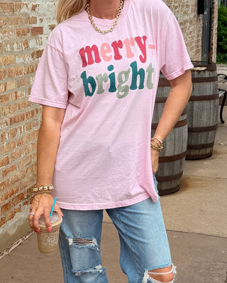 Merry and Bright colorful Christmas tee on Comfort Colors cotton in blossom pink