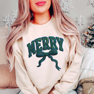 Merry Bow Embroidered Trendy Blue Plaid Graphic Sweatshirt - Limeberry Designs