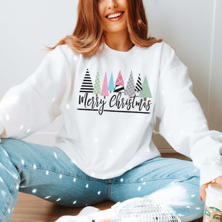 Colorful Christmas sweatshirt in white, sand, ash or pink, sizes Small to 2X