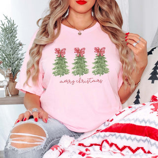 Merry Christmas Trees Red Striped Bows Bella Graphic Tee - Limeberry Designs