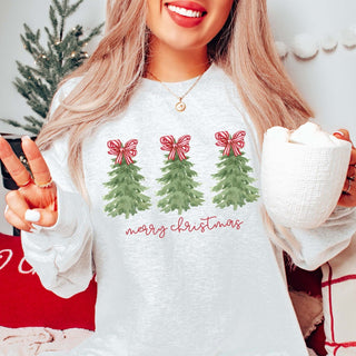 Merry Christmas Trees Red Striped Bows Graphic Sweatshirt - Limeberry Designs