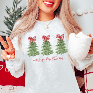 Merry Christmas Trees Red Striped Bows Graphic Sweatshirt - Limeberry Designs