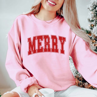 Merry Collegiate Letter Distressed Graphic Sweatshirt - Limeberry Designs