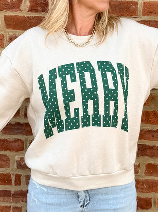 Women's Christmas balloon sleeve sweatshirt with green polka dot Merry lettering