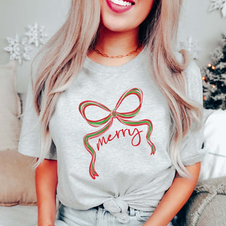 Merry Green & Red Christmas Bow Bella Graphic Tee - Limeberry Designs
