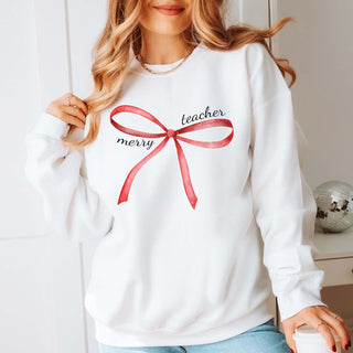 Merry Teacher Red Bow Graphic Sweatshirt - Limeberry Designs