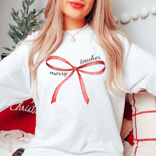 Merry Teacher Red Bow Graphic Sweatshirt - Limeberry Designs