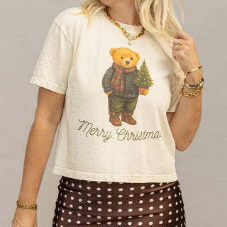 Merry Christmas Teddy Bear boxy graphic tee in ivory