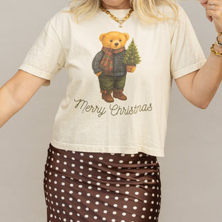 Merry Christmas Teddy Bear boxy graphic tee in ivory
