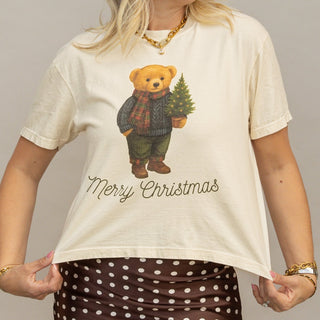 Merry Christmas Teddy Bear boxy graphic tee in ivory