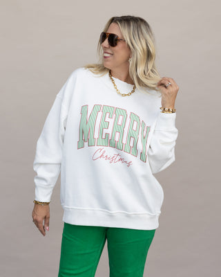 Merry Christmas Stripes mock neck sweatshirt in white