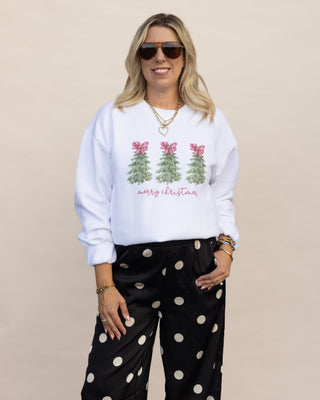 Merry Christmas Trees with bows graphic sweatshirt in white