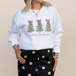 Merry Christmas Trees with bows graphic sweatshirt in white