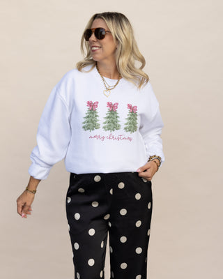 Merry Christmas Trees with bows graphic sweatshirt in white