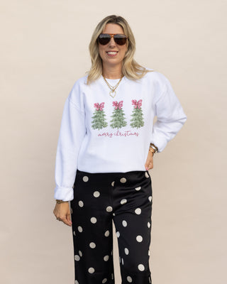 Merry Christmas Trees with bows graphic sweatshirt in white