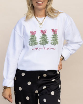 Merry Christmas Trees with bows graphic sweatshirt in white