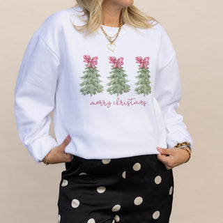 Merry Christmas Trees with bows graphic sweatshirt in white