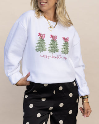 Merry Christmas Trees with bows graphic sweatshirt in white
