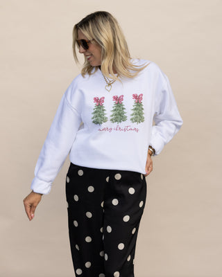 Merry Christmas Trees with bows graphic sweatshirt in white