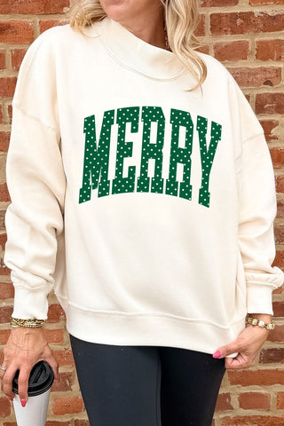 Merry Polka Dot Mockneck Sweatshirt in natural with forest green polka dots - Limeberry Designs