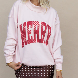 Merry red polka dot graphic mockneck sweatshirt in light pink, Christmas boutique style
