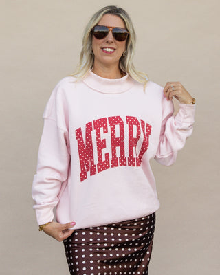 Merry red polka dot graphic mockneck sweatshirt in light pink, Christmas boutique style