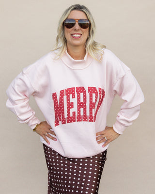 Merry red polka dot graphic mockneck sweatshirt in light pink, Christmas boutique style