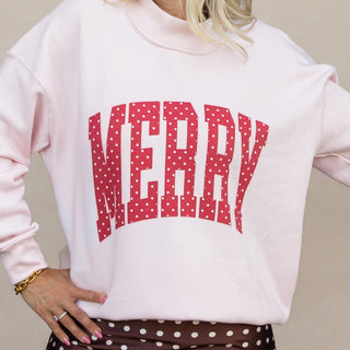 Merry red polka dot graphic mockneck sweatshirt in light pink, Christmas boutique style
